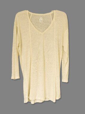 Overland Linen Tunic Top Sheer Butter Yellow 3/4 Sleeve Vee Neck Tee Shirt